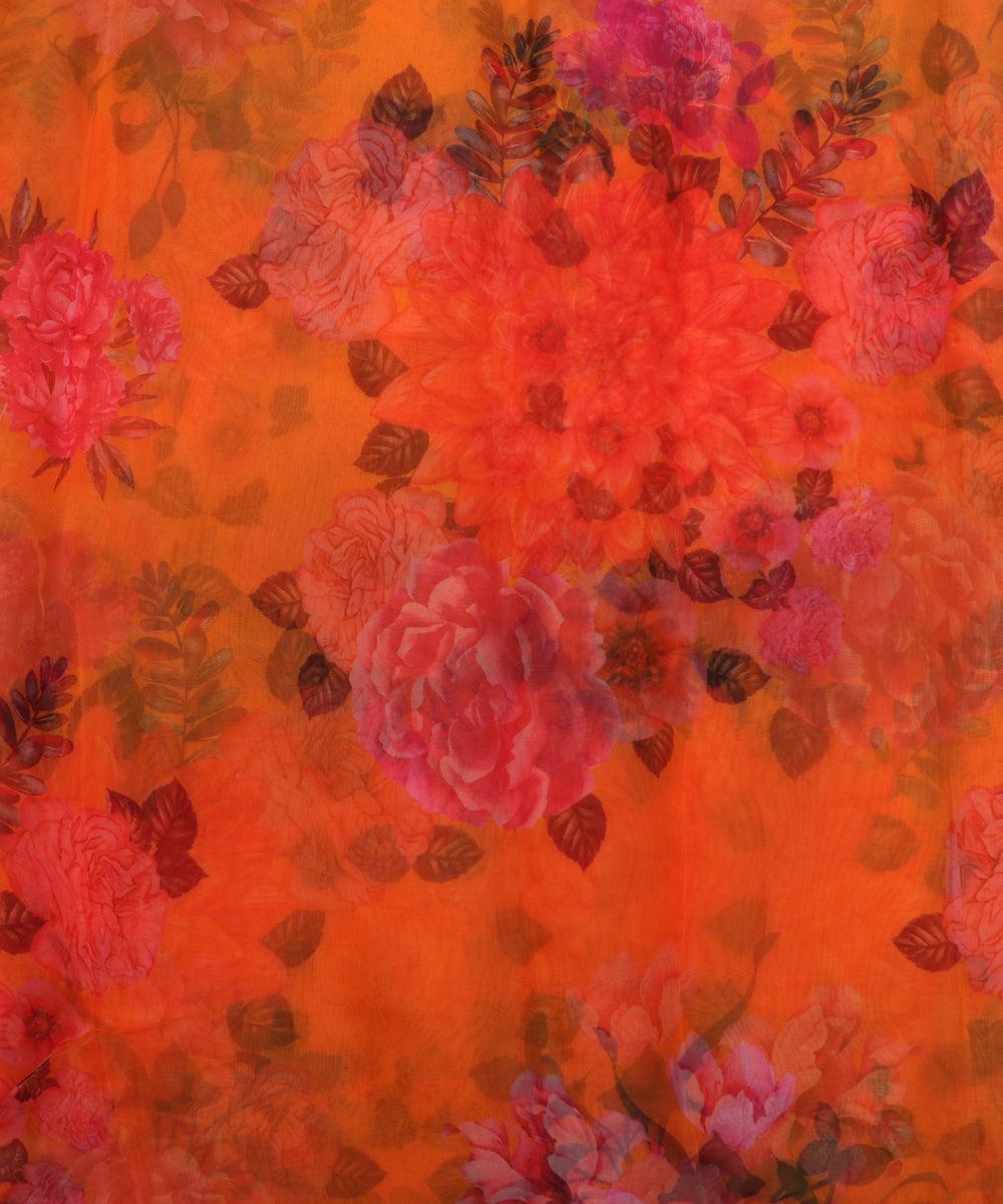 Yellow Colour Floral Print Organza Silk fabric - Fabric Dekho