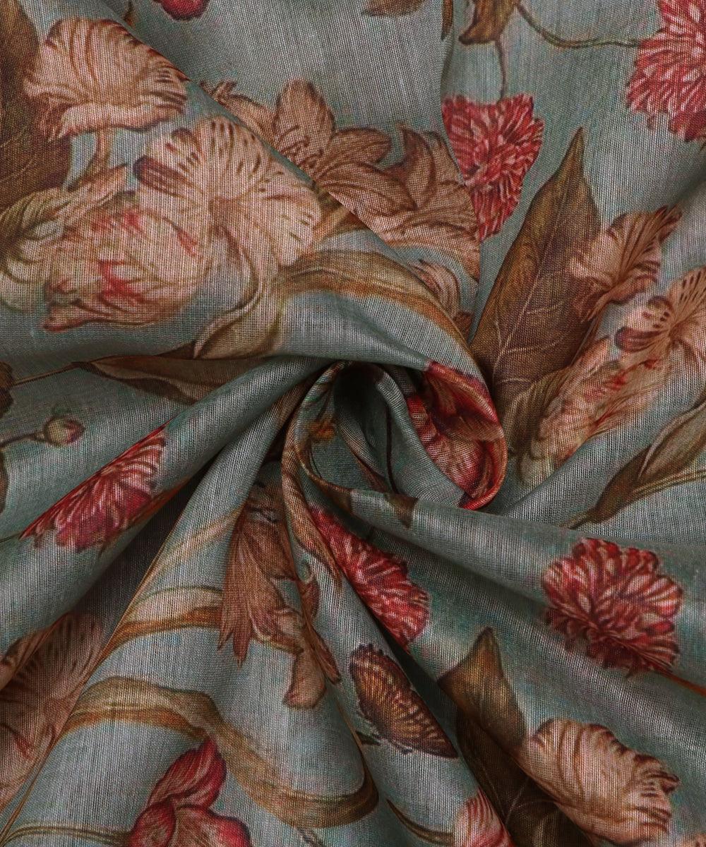 grey green and green two tone floral print cotton chanderi fabric b124 5364