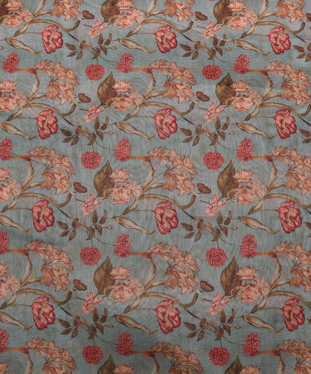 grey green and green two tone floral print cotton chanderi fabric b124 5364