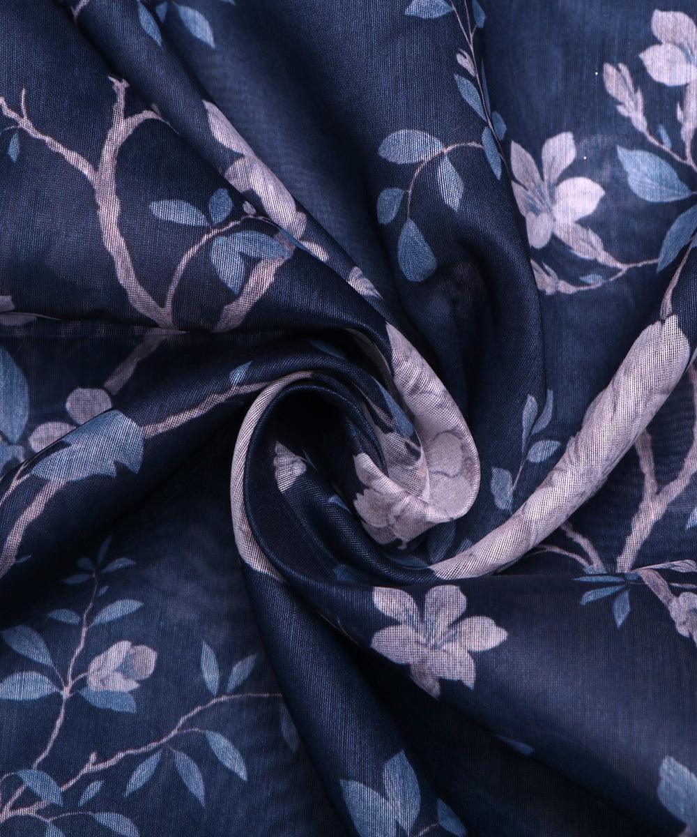 dark blue and white floral chanderi digital print fabric b124 4602