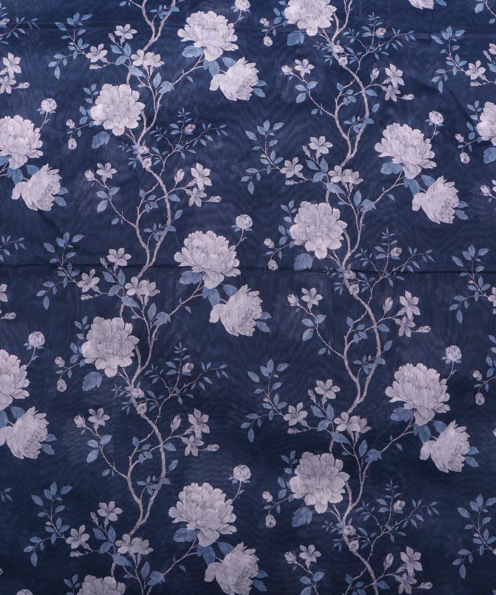 dark blue and white floral chanderi digital print fabric b124 4602