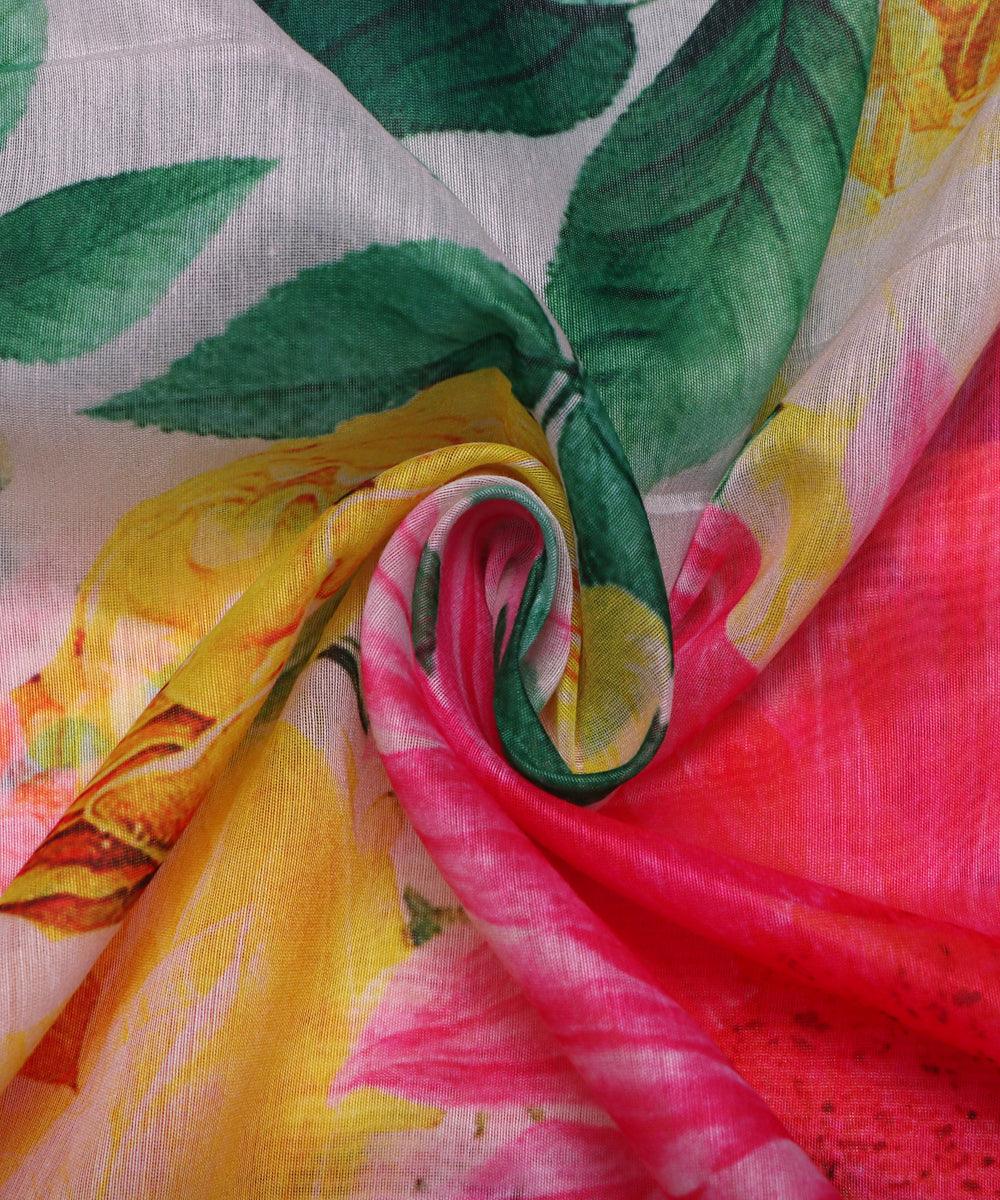 white and pink large floral chanderi digital print fabric b124 4607
