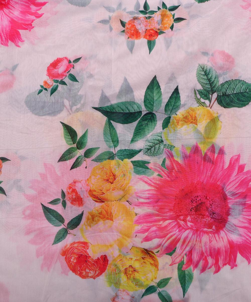 white and pink large floral chanderi digital print fabric b124 4607