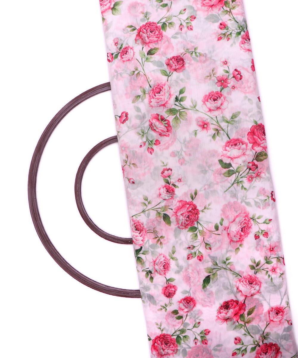 white and pink floral chanderi digital print fabric b124 4601