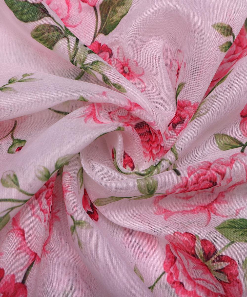 white and pink floral chanderi digital print fabric b124 4601