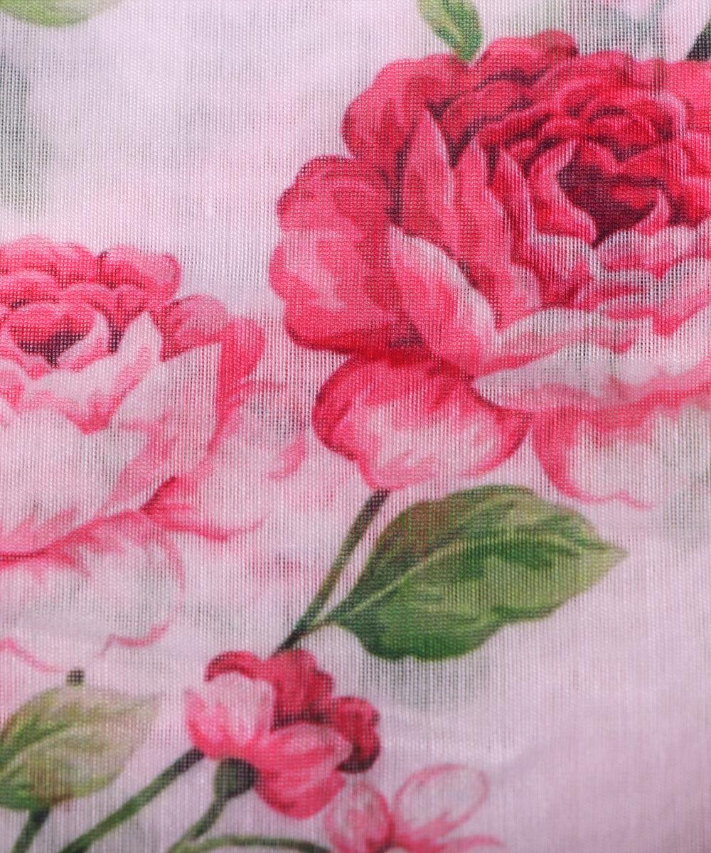 white and pink floral chanderi digital print fabric b124 4601
