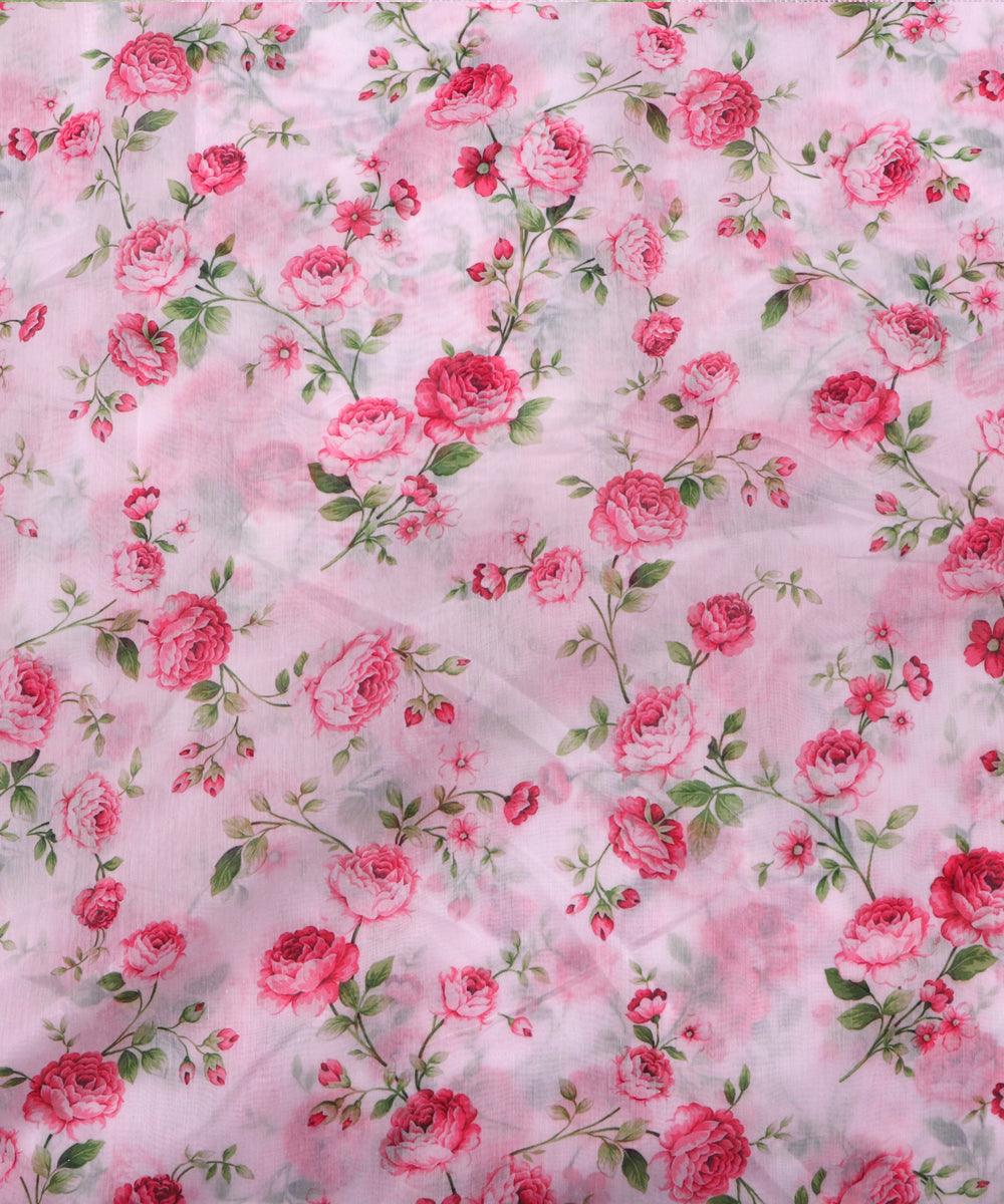 white and pink floral chanderi digital print fabric b124 4601