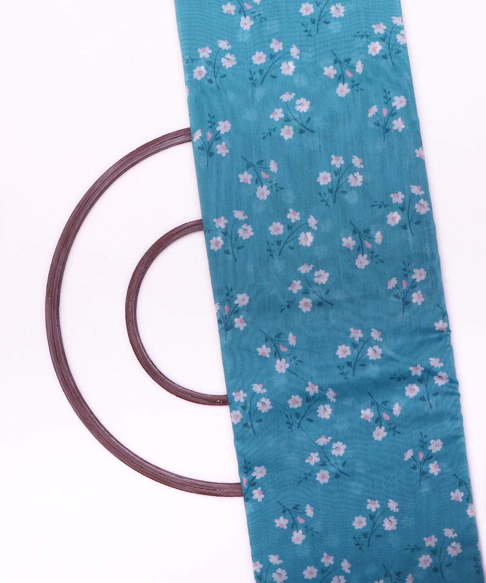 teal and white floral print chanderi fabric b124 4968