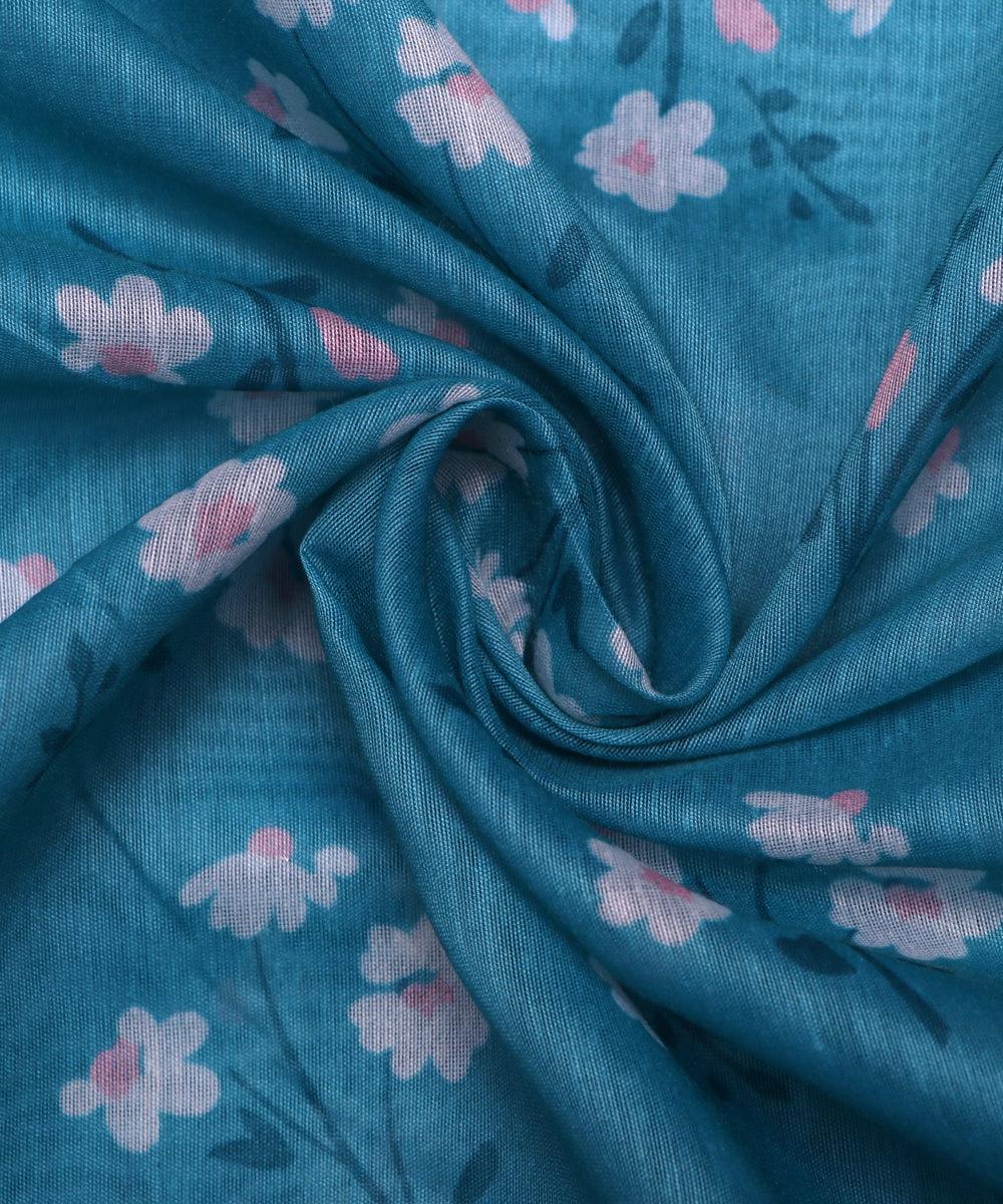 teal and white floral print chanderi fabric b124 4968
