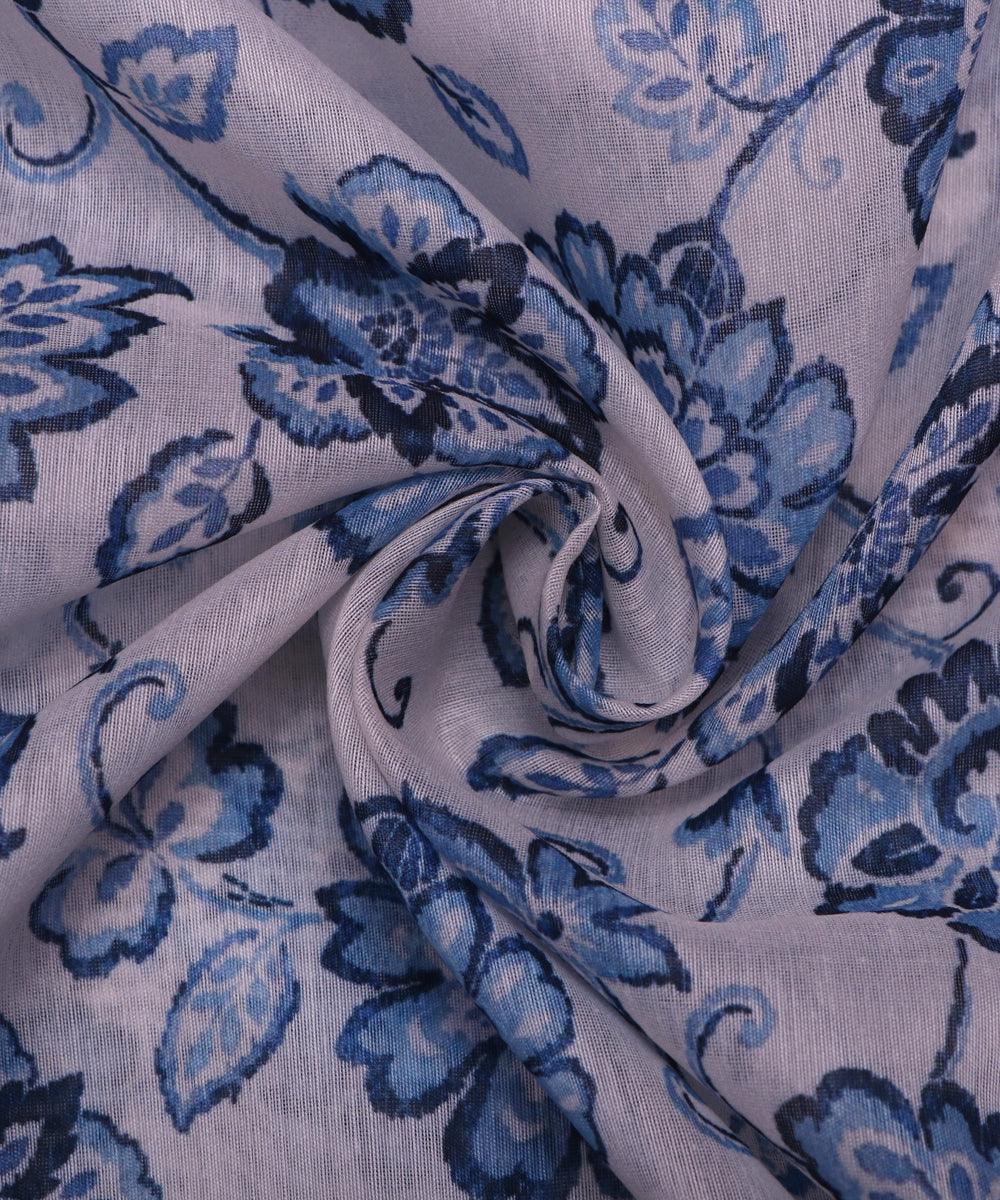 white and blue floral print chanderi fabric b124 4964
