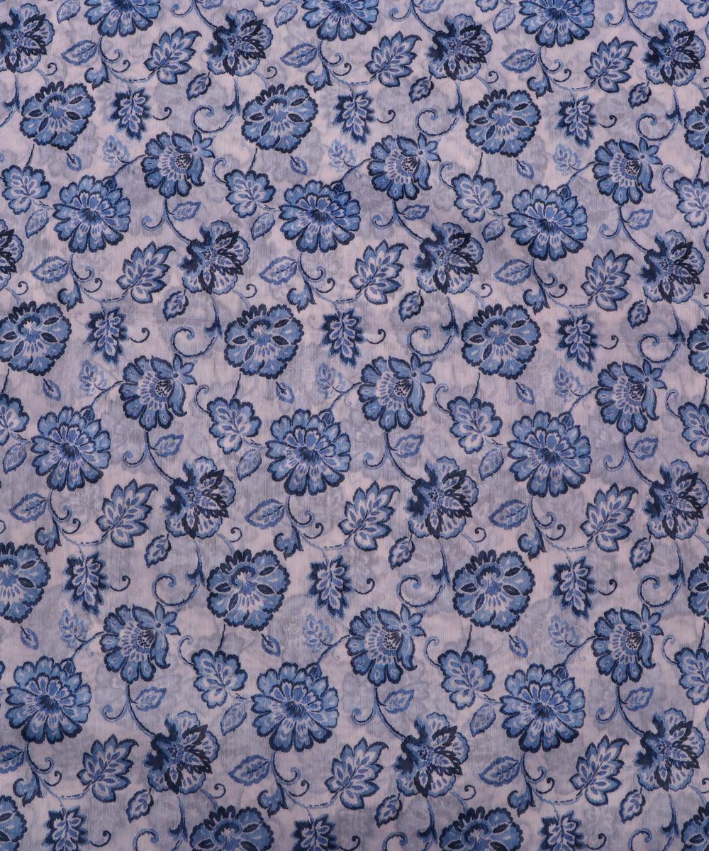 white and blue floral print chanderi fabric b124 4964