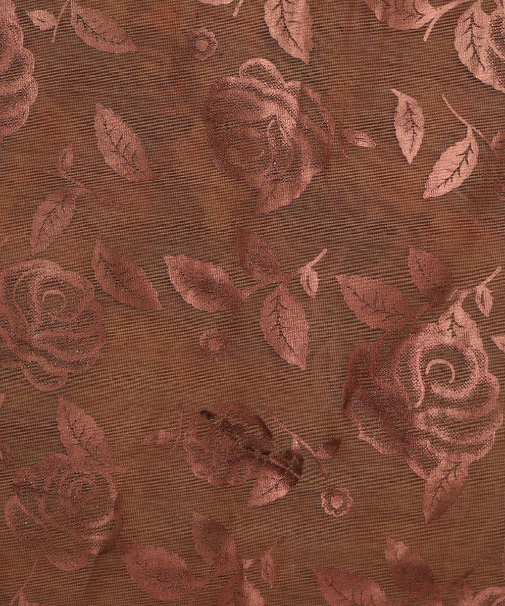 mustard brown and copper floral foil print modal chanderi fabric b124 5692