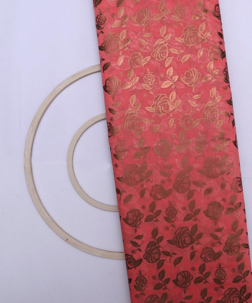 rouge pink and copper floral foil print modal chanderi fabric b124 5693