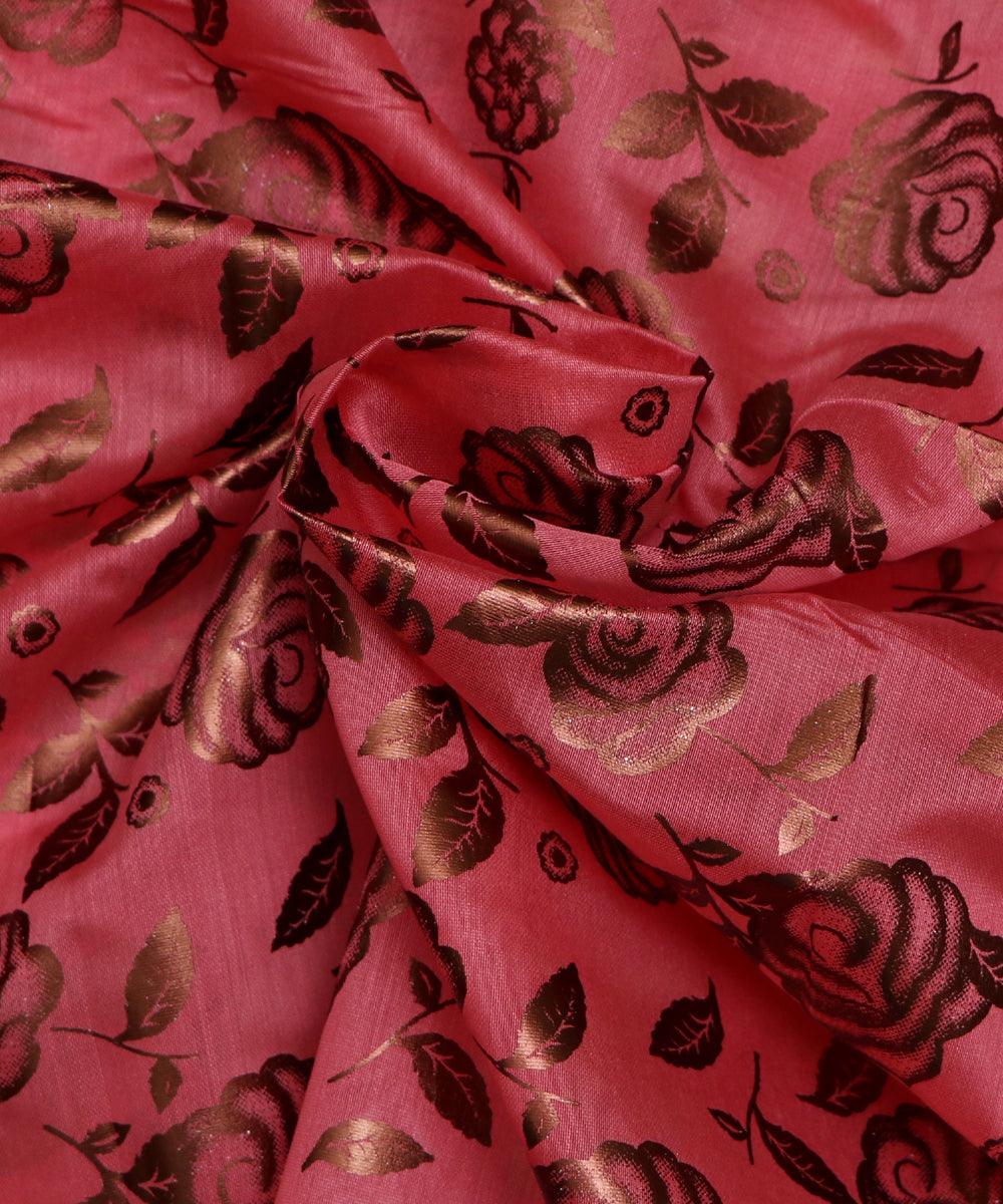rouge pink and copper floral foil print modal chanderi fabric b124 5693