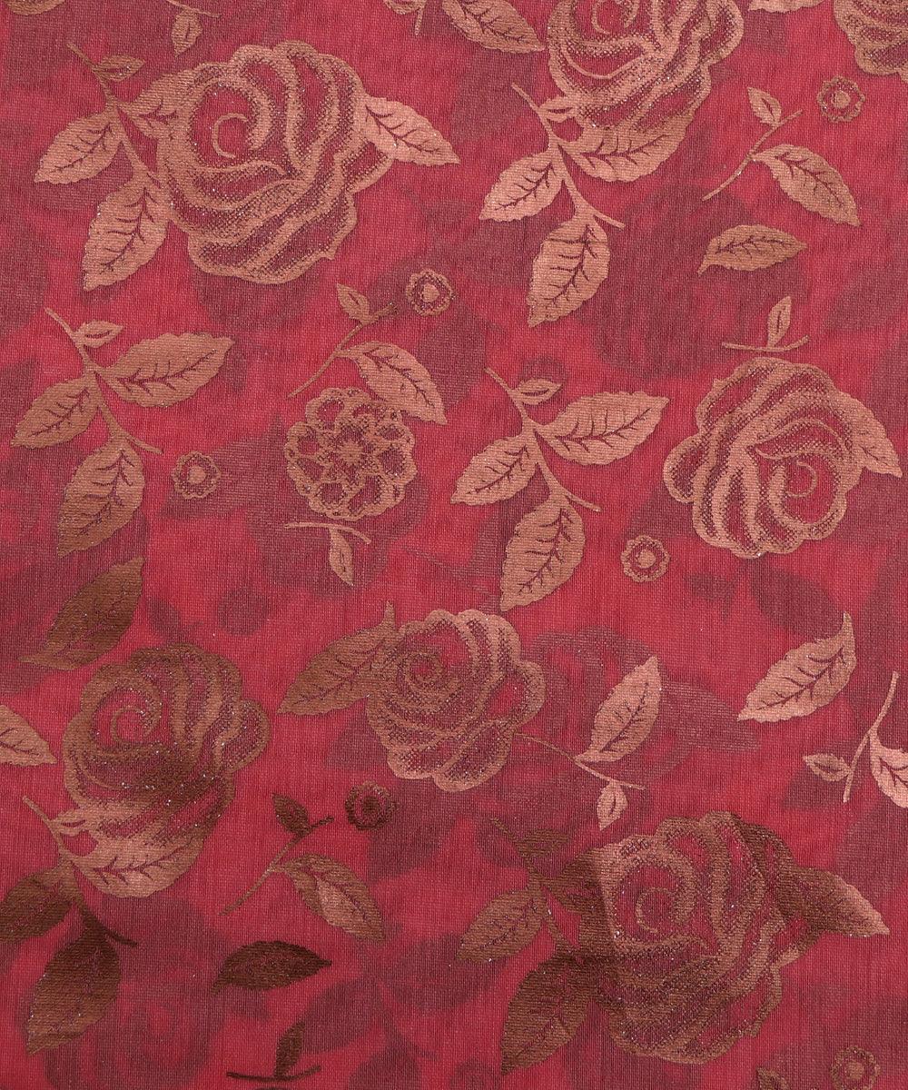 rouge pink and copper floral foil print modal chanderi fabric b124 5693