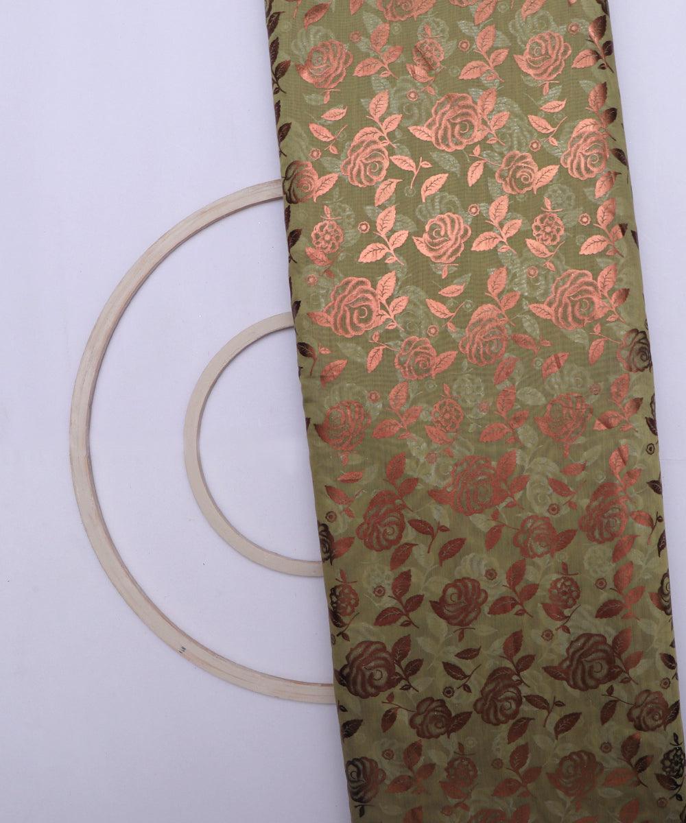 olive green and copper floral foil print modal chanderi fabric b124 5694