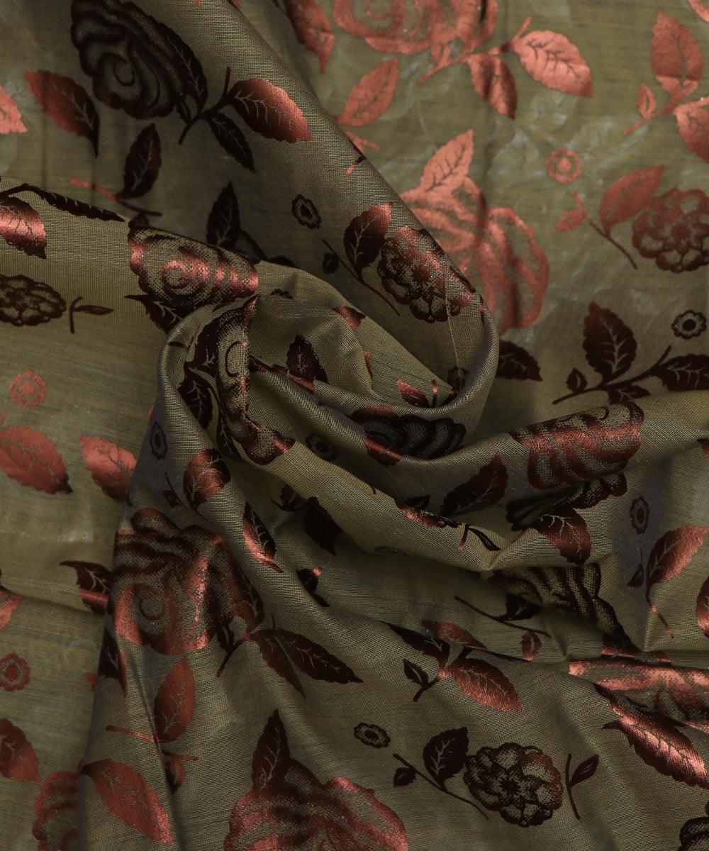 olive green and copper floral foil print modal chanderi fabric b124 5694