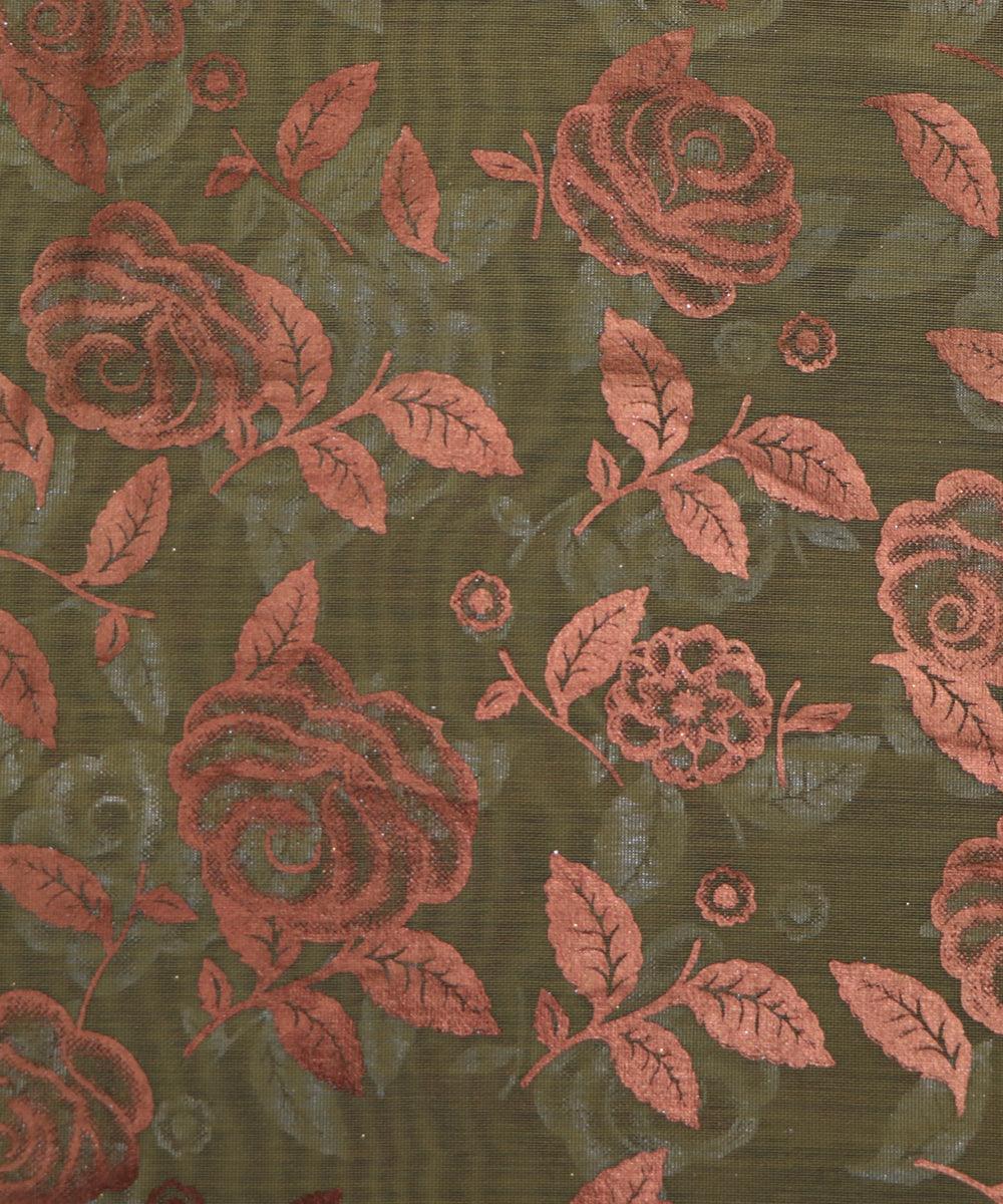 olive green and copper floral foil print modal chanderi fabric b124 5694