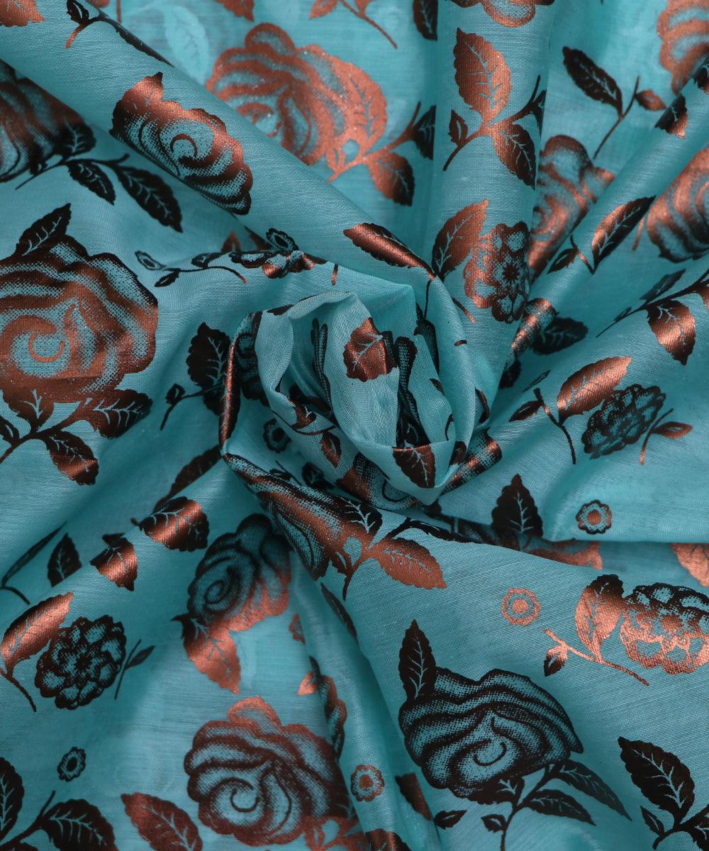 light blue floral foil print modal chanderi fabric