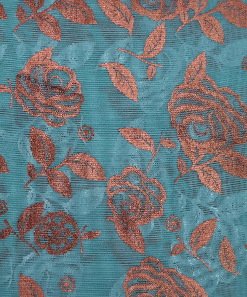 light blue floral foil print modal chanderi fabric