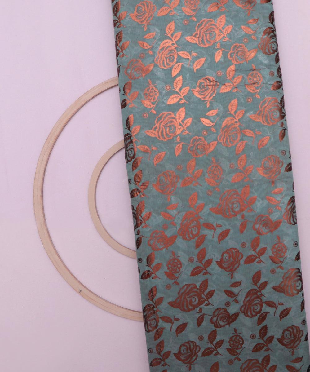 steal blue and copper floral foil print modal chanderi fabric b124 5698