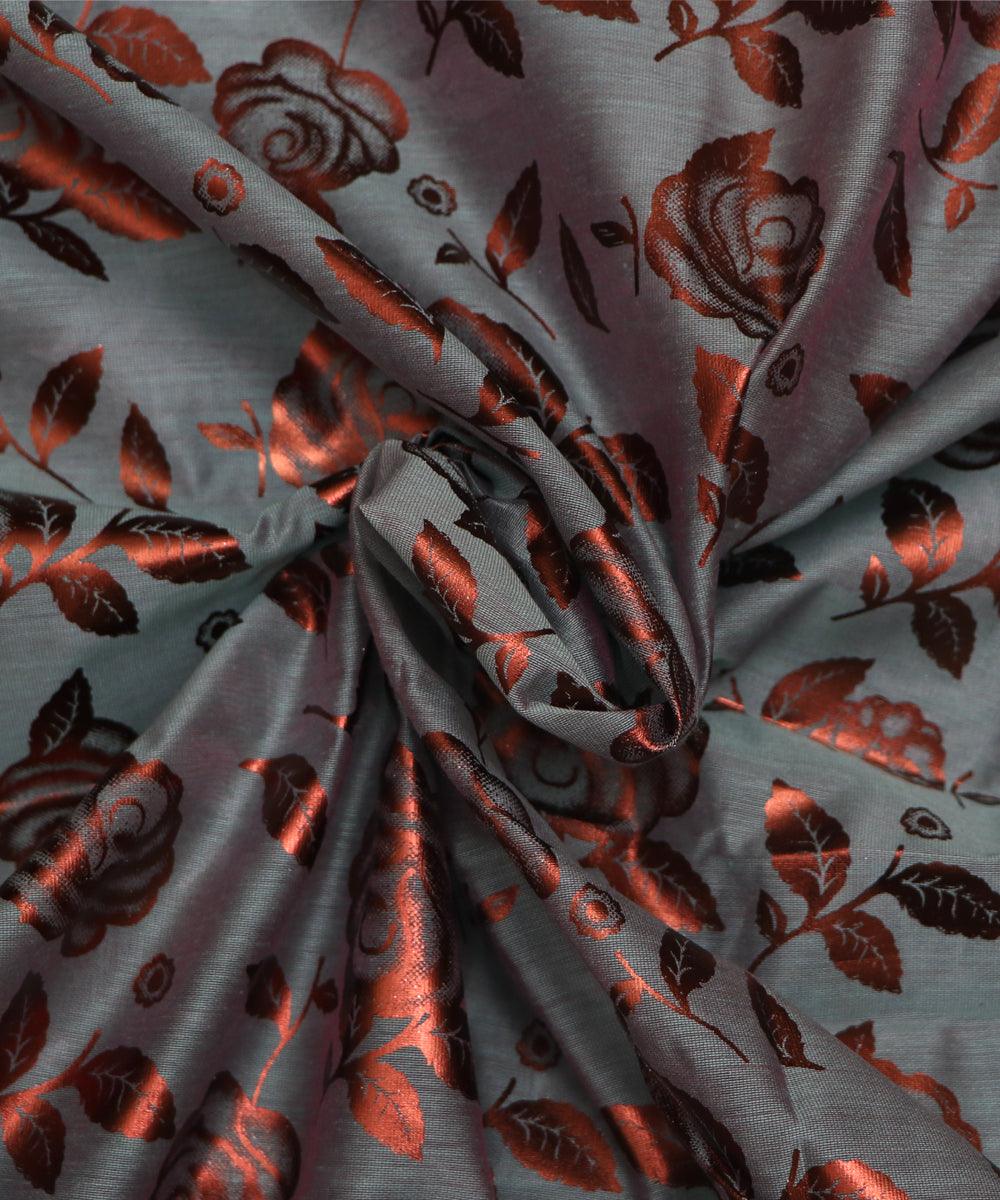 steal blue and copper floral foil print modal chanderi fabric b124 5698