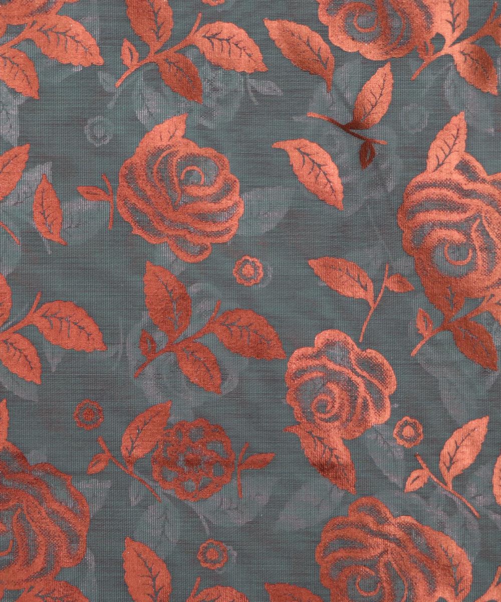 steal blue and copper floral foil print modal chanderi fabric b124 5698