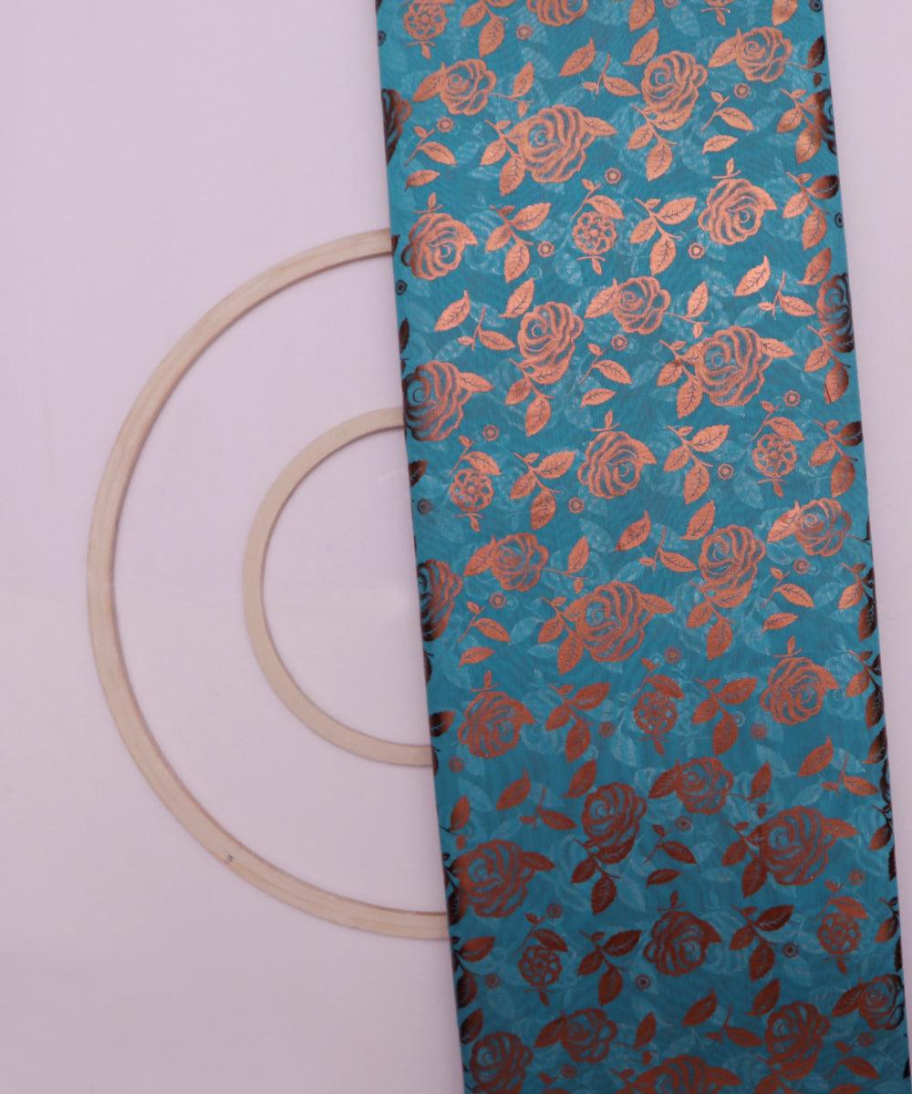 teal blue and copper floral foil print modal chanderi fabric b124 5699