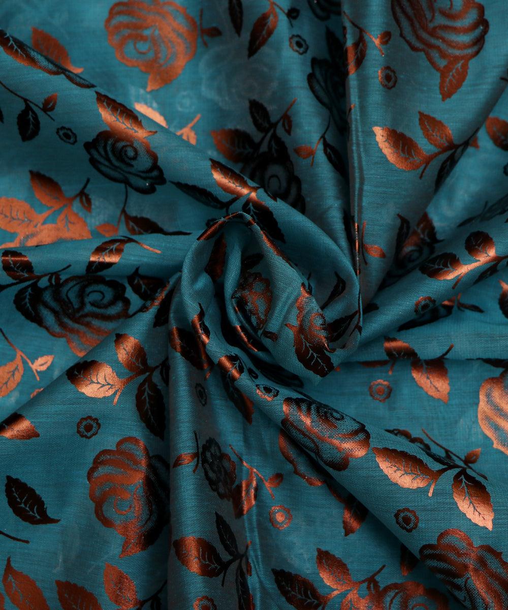 teal blue and copper floral foil print modal chanderi fabric b124 5699