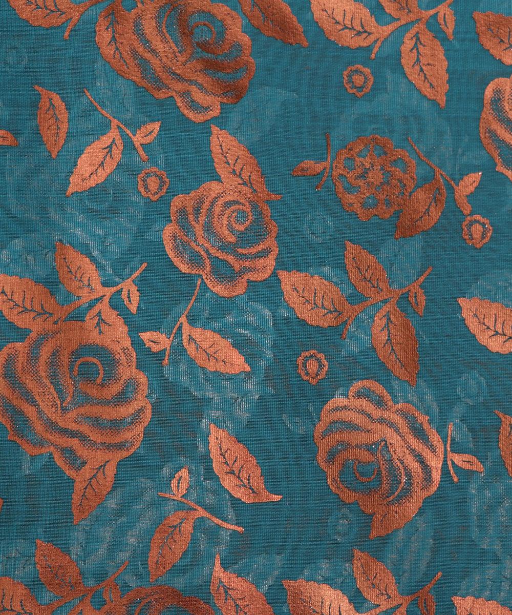 teal blue and copper floral foil print modal chanderi fabric b124 5699