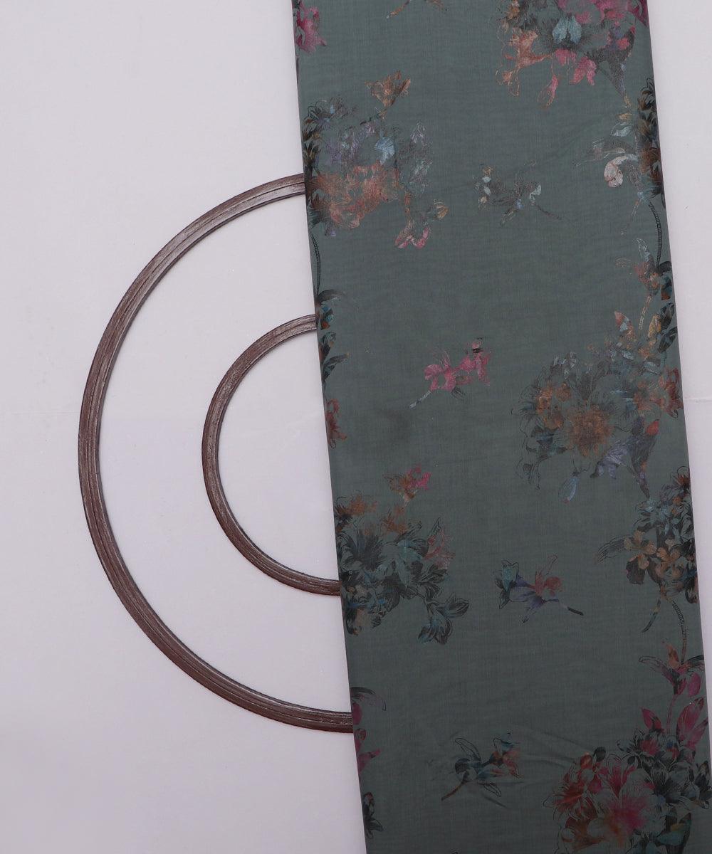 steel blue grey and brown floral foil print modal chanderi fabric b124 5699