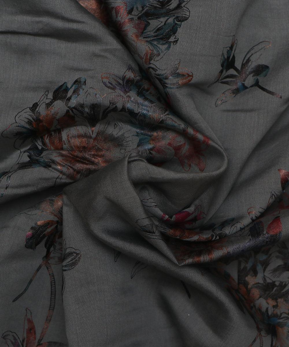 steel blue grey and brown floral foil print modal chanderi fabric b124 5699