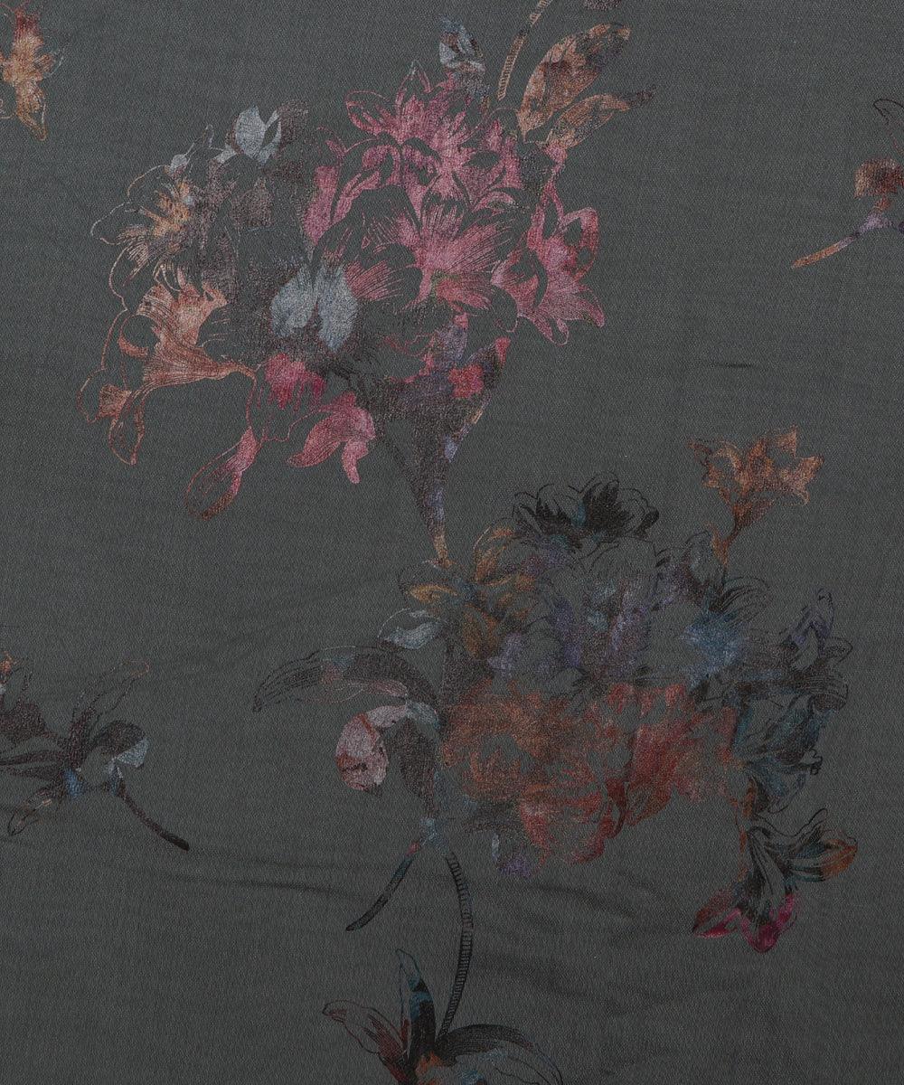 steel blue grey and brown floral foil print modal chanderi fabric b124 5699