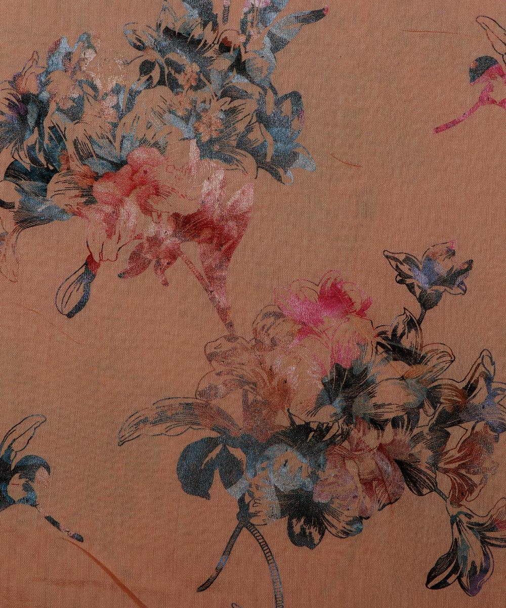 peach and grey floral foil print modal chanderi fabric b124 5700