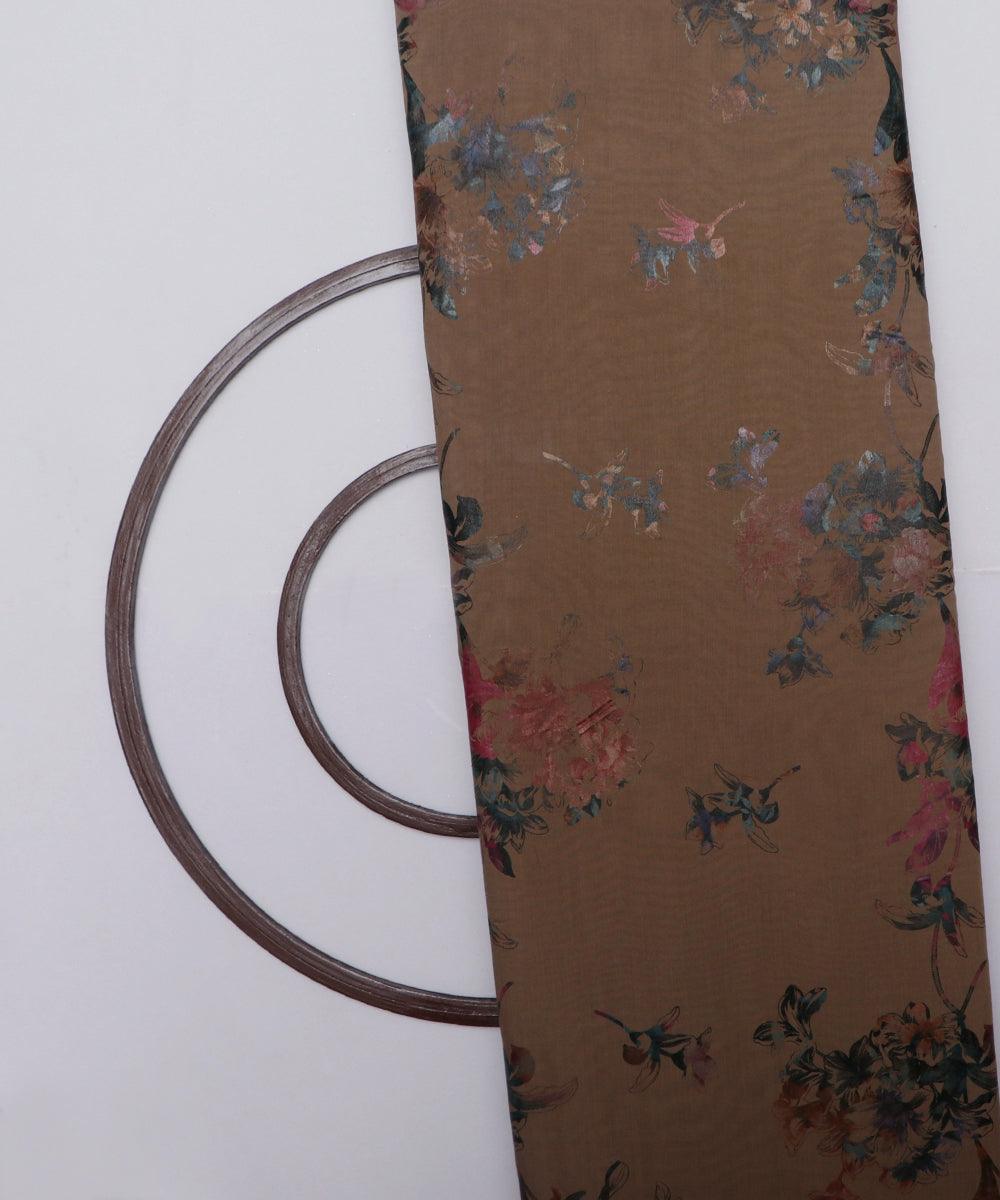 burly wood and grey floral foil print modal chanderi fabric b124 5702