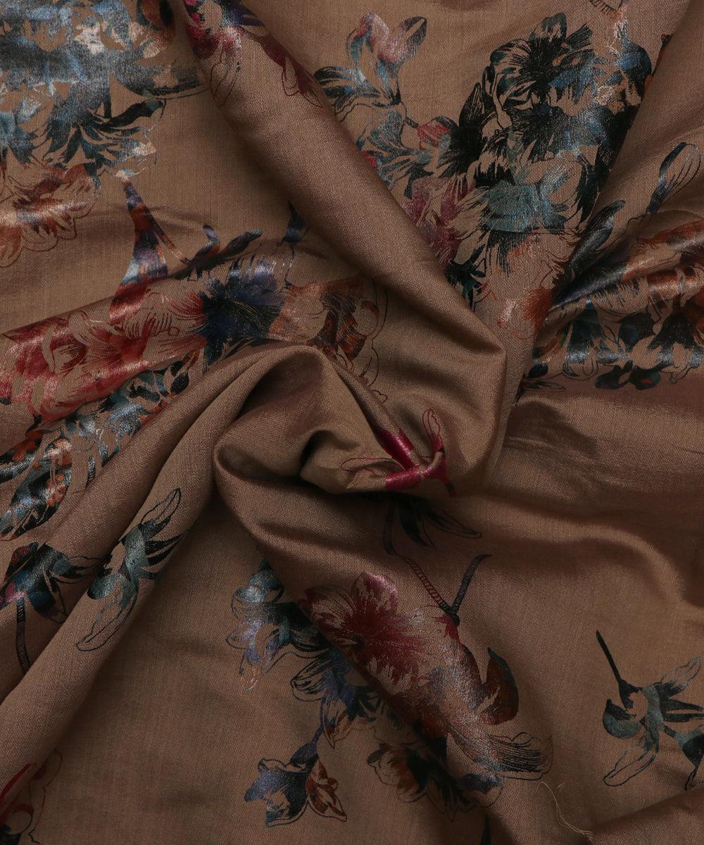 burly wood and grey floral foil print modal chanderi fabric b124 5702