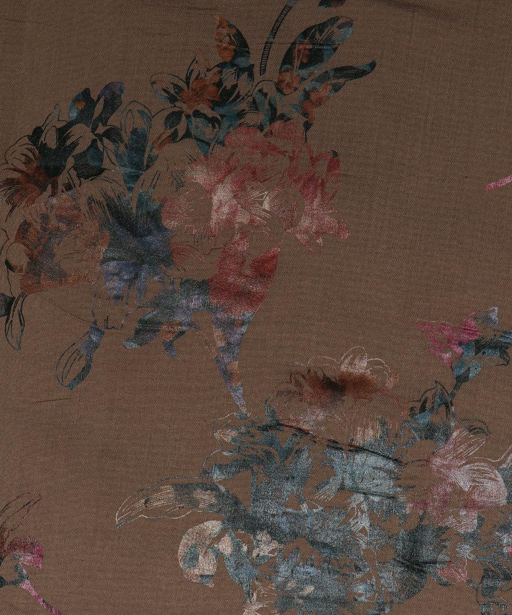 burly wood and grey floral foil print modal chanderi fabric b124 5702