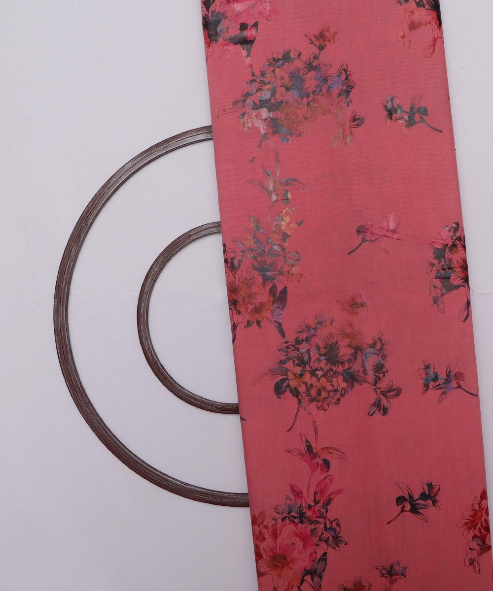 coral pink and grey floral foil print modal chanderi fabric b124 5703