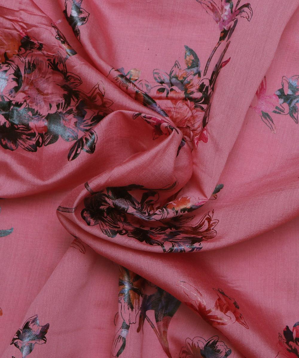 coral pink and grey floral foil print modal chanderi fabric b124 5703