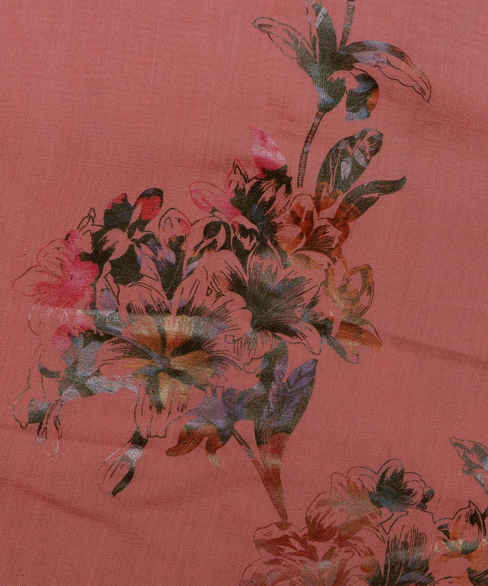 coral pink and grey floral foil print modal chanderi fabric b124 5703