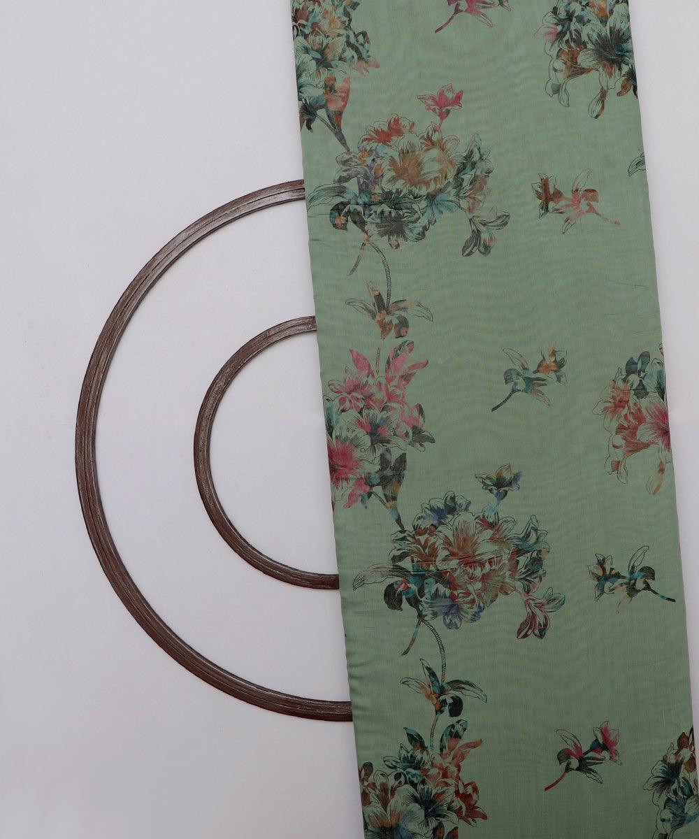 olive drab and grey floral foil print modal chanderi fabric b124 5704