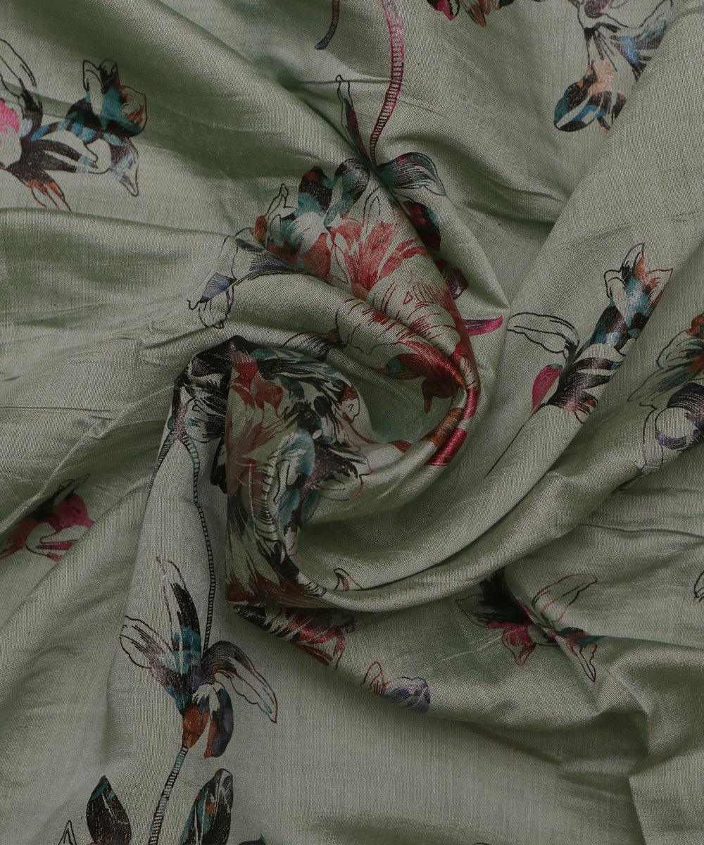 olive drab and grey floral foil print modal chanderi fabric b124 5704
