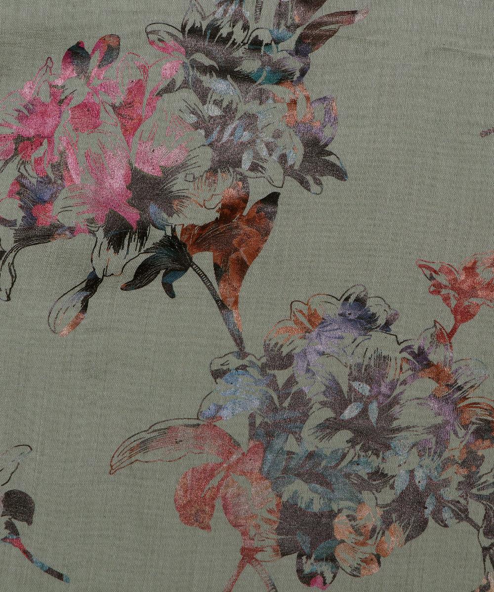 olive drab and grey floral foil print modal chanderi fabric b124 5704