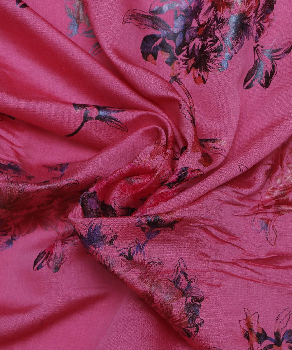 salmon pink and grey floral foil print modal chanderi fabric b124 5705