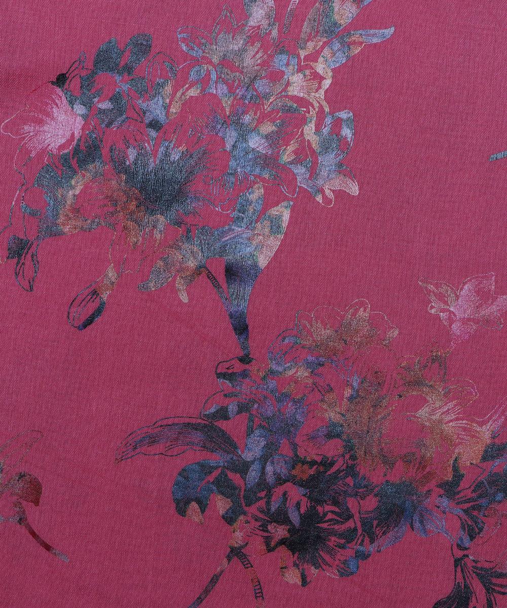salmon pink and grey floral foil print modal chanderi fabric b124 5705