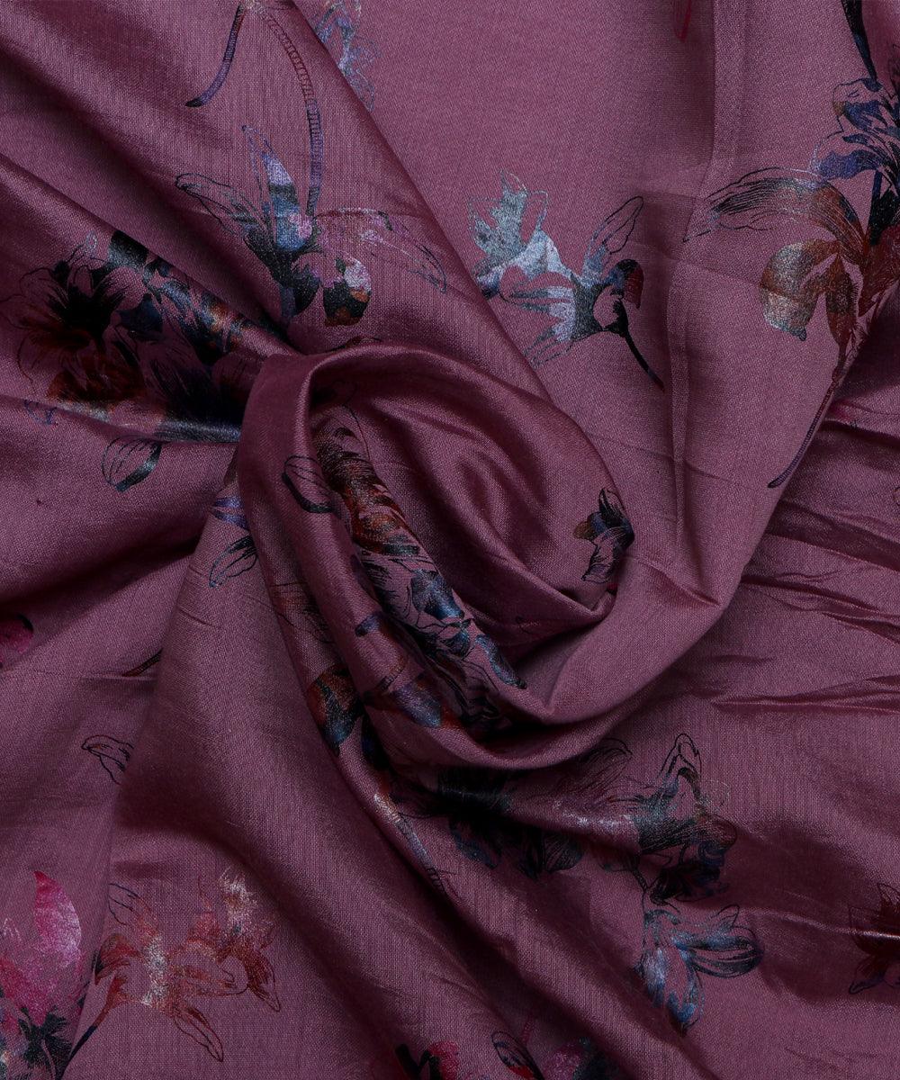 rosy brown and grey floral foil print modal chanderi fabric b124 5706