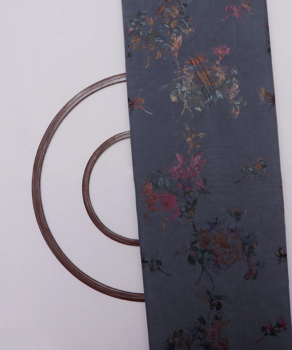 steel blue grey and brown floral foil print modal chanderi fabric b124 5707