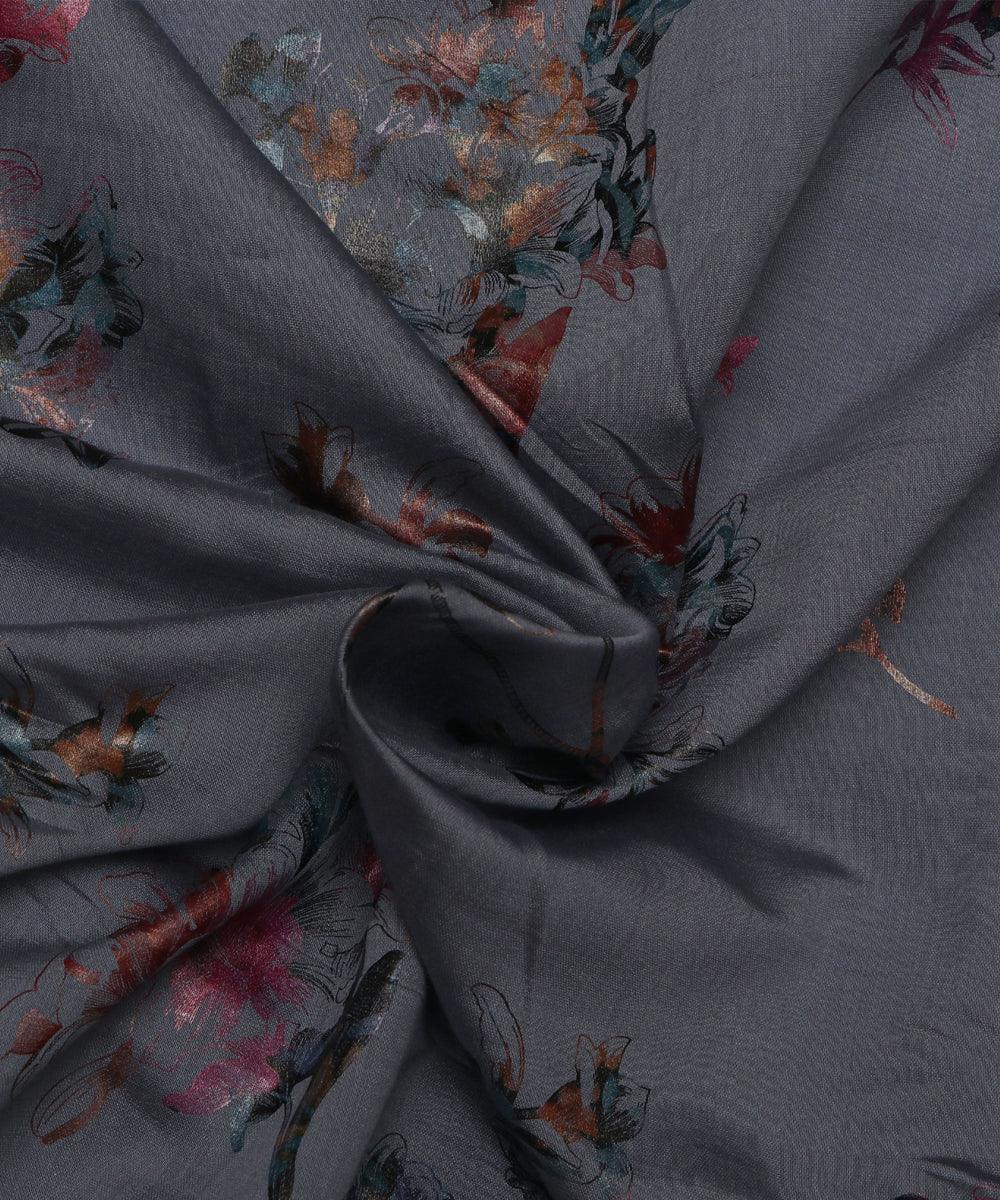 steel blue grey and brown floral foil print modal chanderi fabric b124 5707
