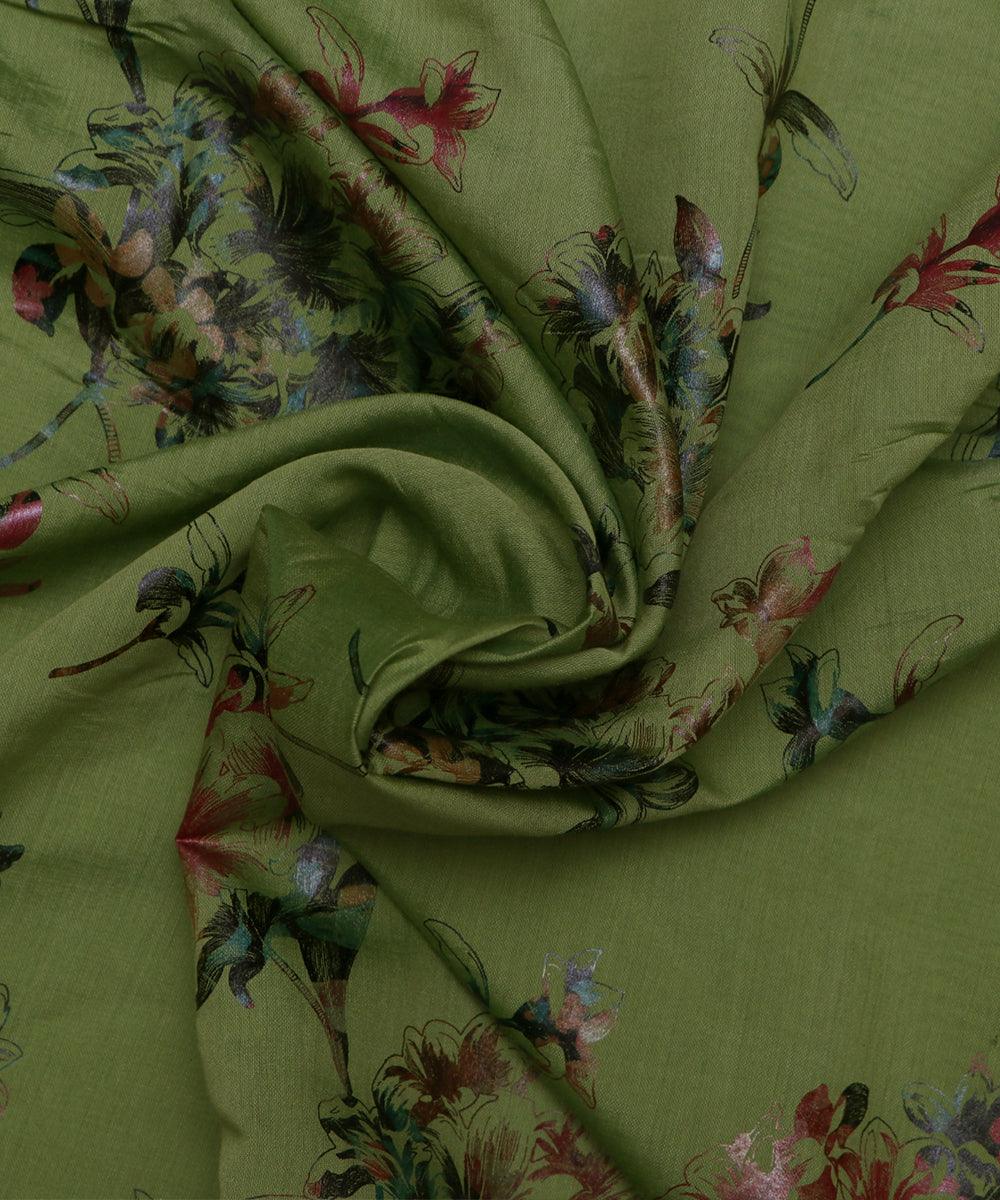 olive and brown floral foil print modal chanderi fabric b124 5708