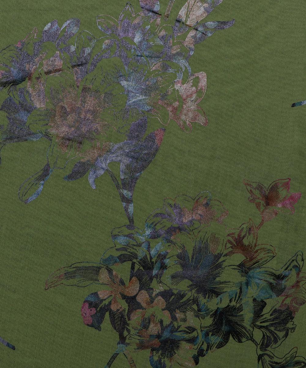 olive and brown floral foil print modal chanderi fabric b124 5708